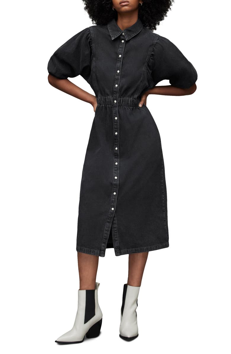 AllSaints Osa Puff Sleeve Denim Midi Shirtdress, Alternate, color,