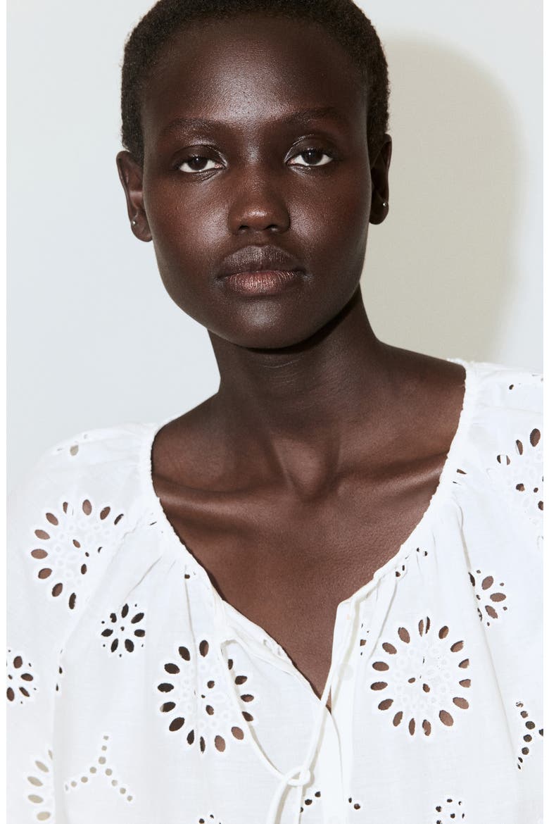 Openwork Embroidered Cotton Button-Up Top, Alternate, color, OFF WHITE