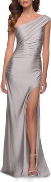 La Femme One Shoulder Shiny Ruched Jersey Dress with Slit