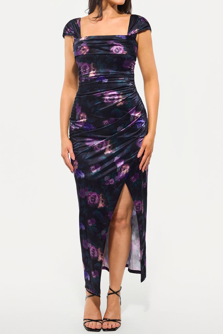 Liquid Metallic Fabric Off Shoulder Shine Ruched Sculpting Maxi Shapewear Dress, Alternate, color, Flora