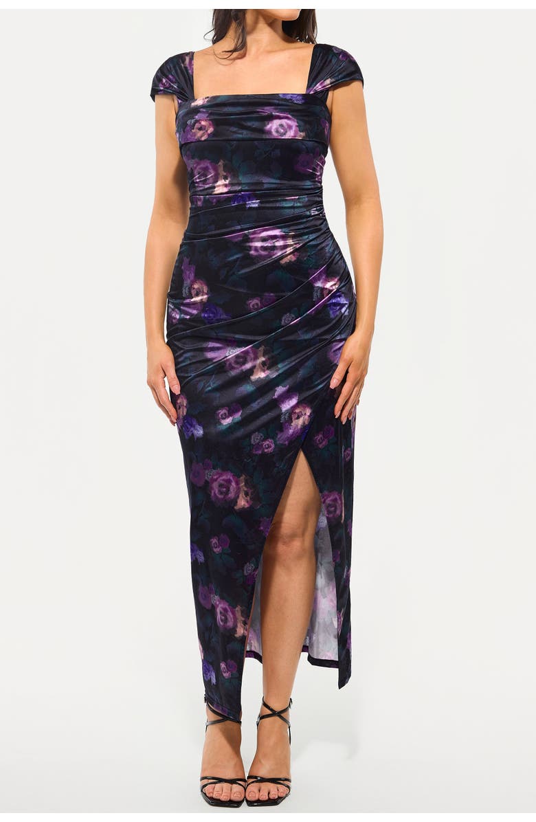 Popilush Liquid Metallic Fabric Off Shoulder Shine Ruched Sculpting Maxi Shapewear Dress, Alternate, color, Flora