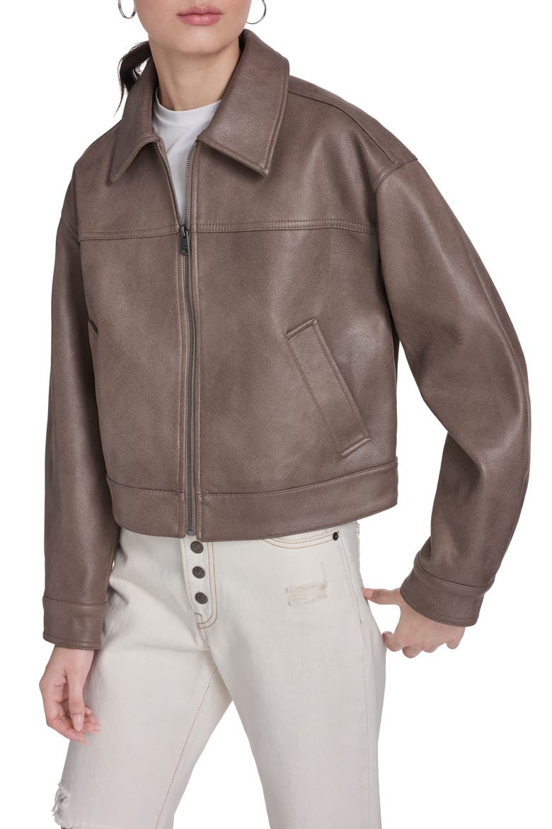 Faux Leather Zip Jacket, Alternate, color, PINE BARK FAUX SUEDE