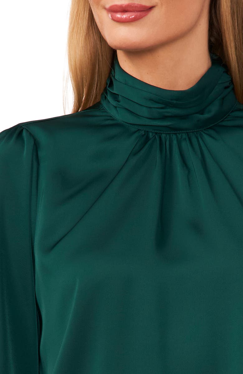 CeCe Mock Neck Blouson Sleeve Satin Top, Alternate, color, Dark Forest