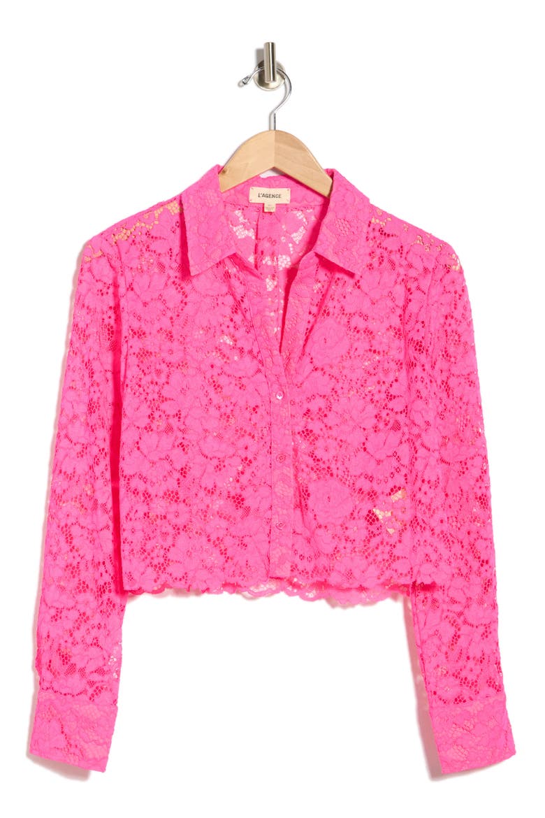 Akemi Lace Crop Button-Up Shirt, Alternate, color, PINK GLO