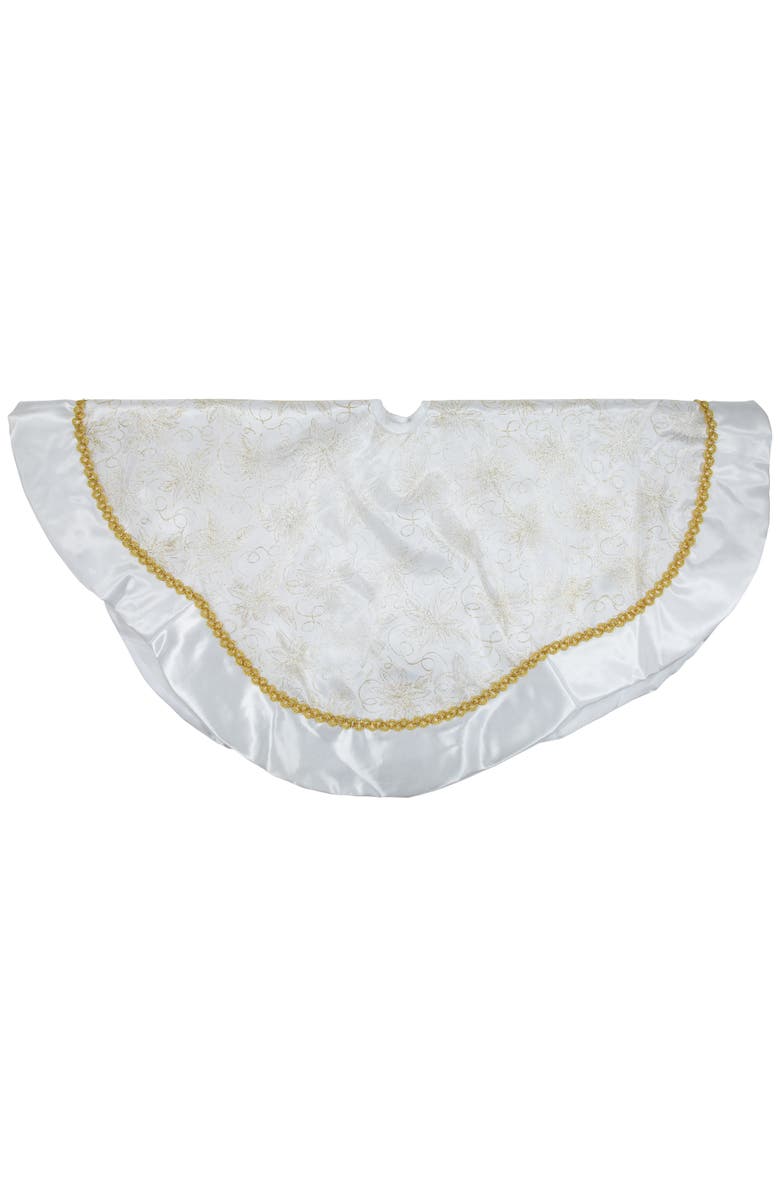 Northlight 48" White and Gold Glitter Poinsettia Scalloped Christmas Tree Skirt, Alternate, color, White