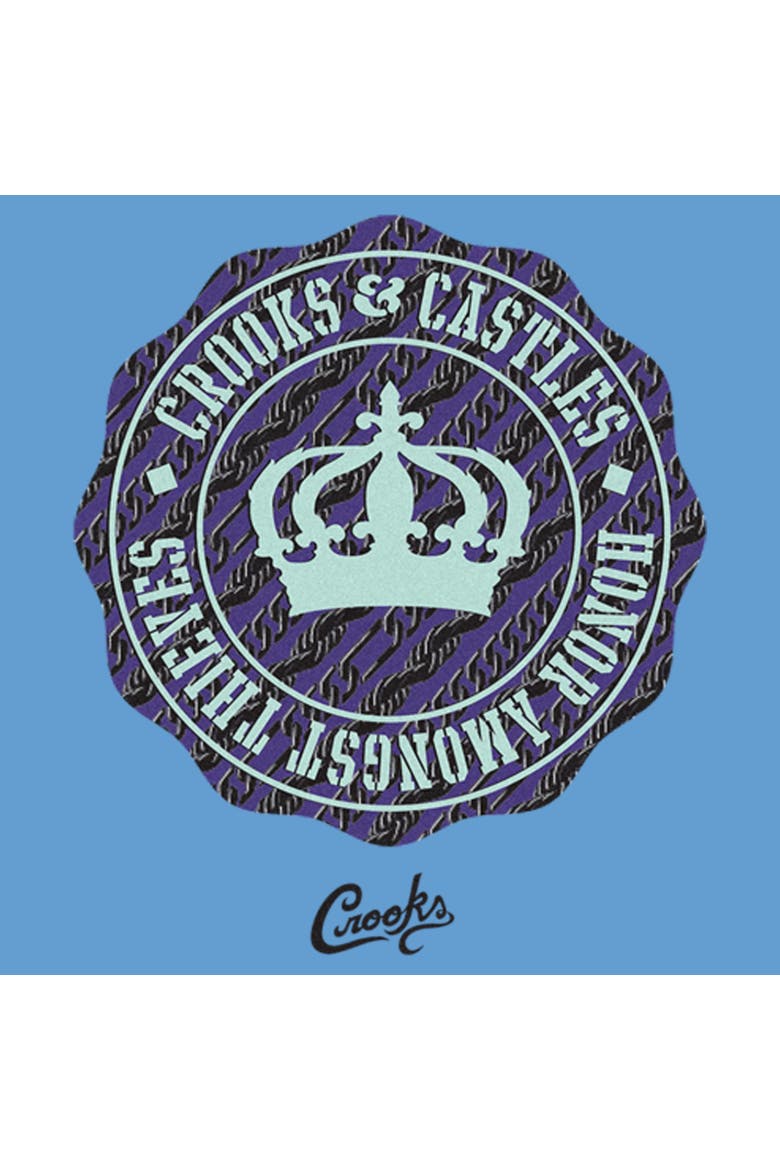 Men's Crooks & Castles Honor Amongst Thieves Purple Badge Front and Back  Graphic T-Shirt, Alternate, color, Carol Blue