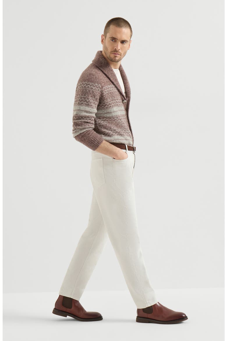 Garment-dyed denim iconic fit five-pocket trousers with rips, Alternate, color, White