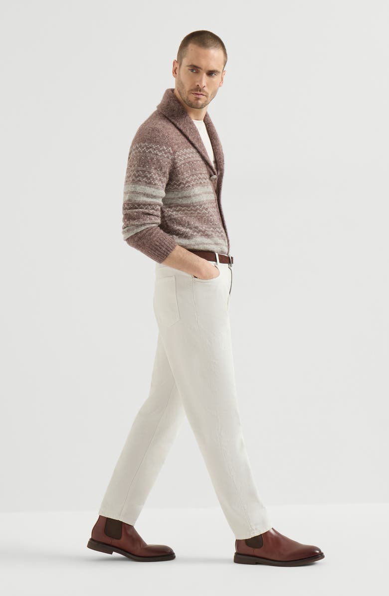 Brunello Cucinelli Garment-dyed denim iconic fit five-pocket trousers with rips, Alternate, color, White