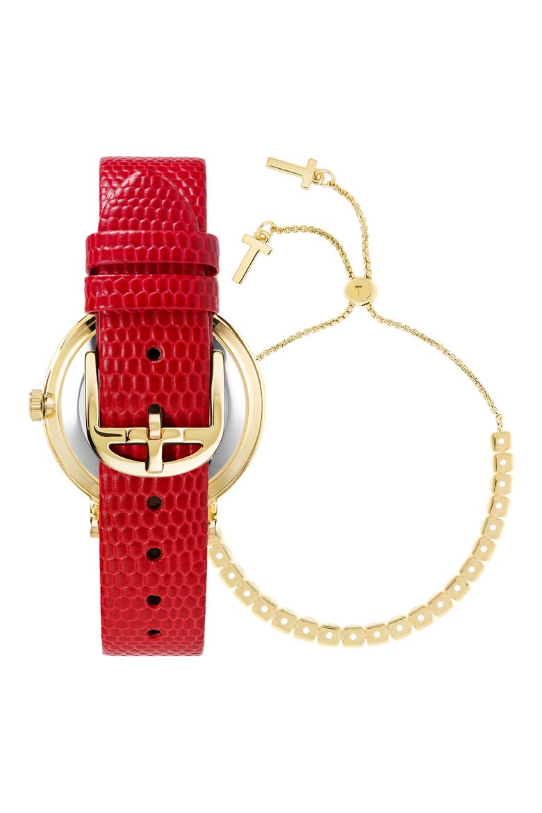 Phylipa Leather Strap Watch & Bracelet Set, 34mm, Alternate, color, YELLOW GOLD/ SILVER/ RED