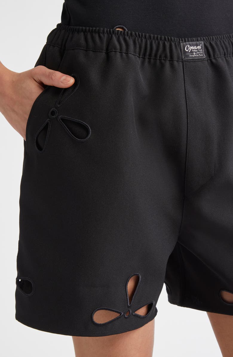 Coperni Petal Cutout Eyelet Embroidered Cutout Shorts, Alternate, color, Black