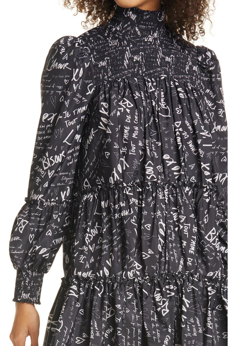 Rika Love Note Long Sleeve Minidress, Alternate, color, BLACK/ IVORY