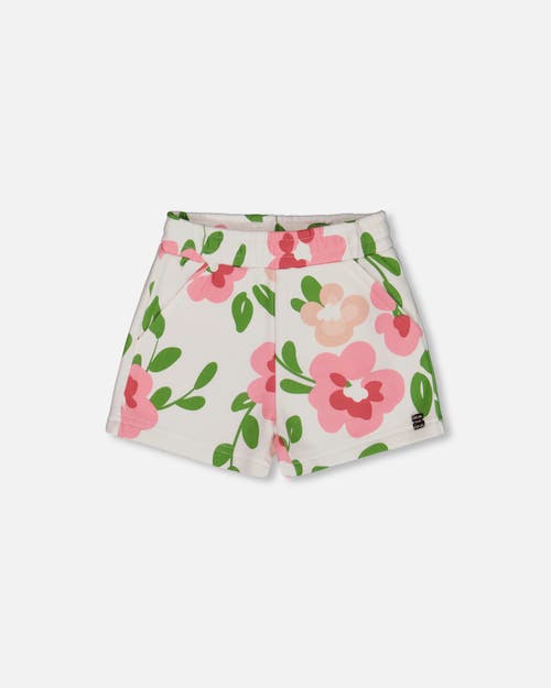 Deux Par Deux Girl's Printed French Terry Short Pink Flowers On White Background In Pink Flowers On White