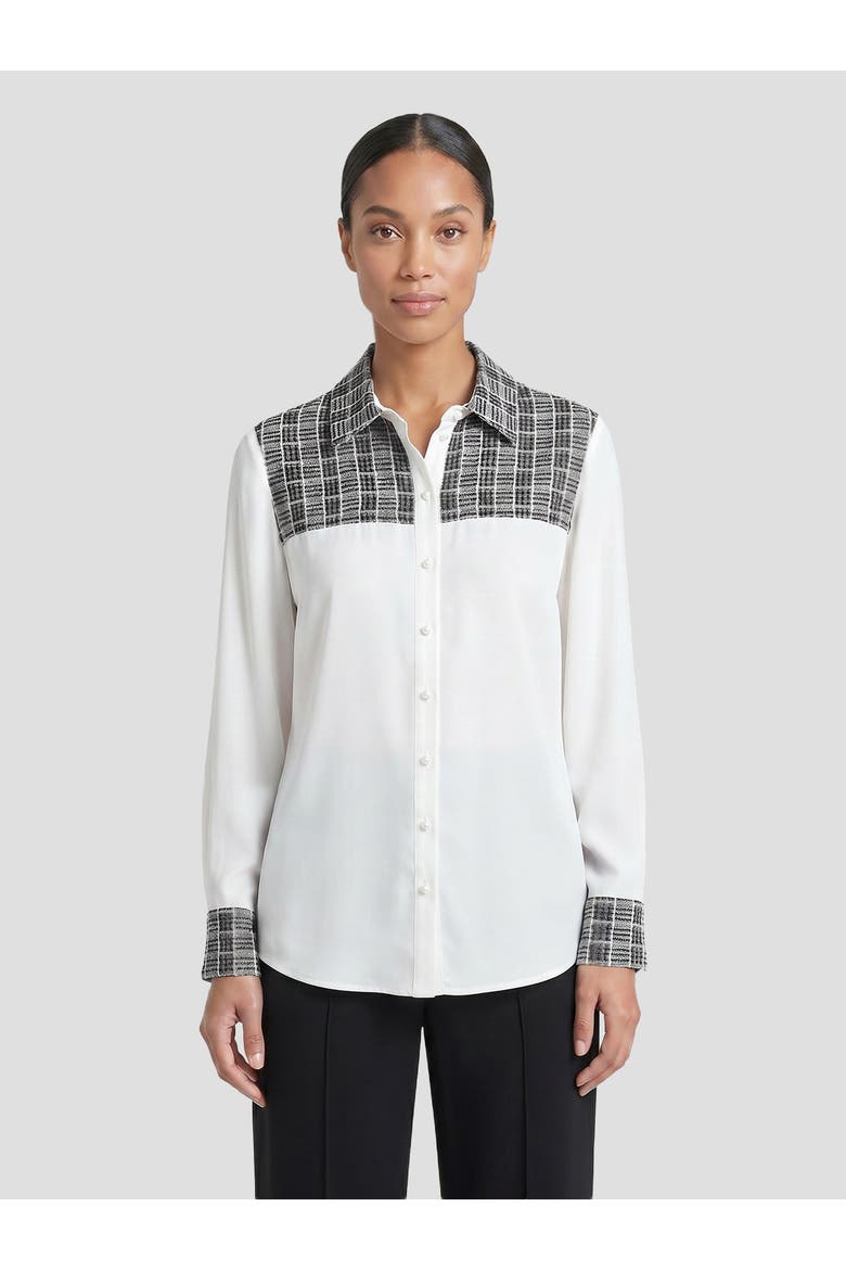 Mixed Media Plaid Crepe de Chine Blouse, Main, color, White/Black