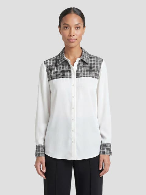 Mixed Media Plaid Crepe de Chine Blouse