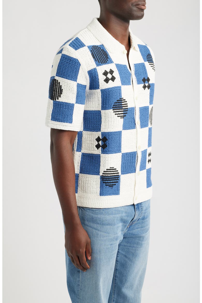 Porto Check Embroidered Cotton Crochet Polo, Alternate, color, ECRU / BLUE
