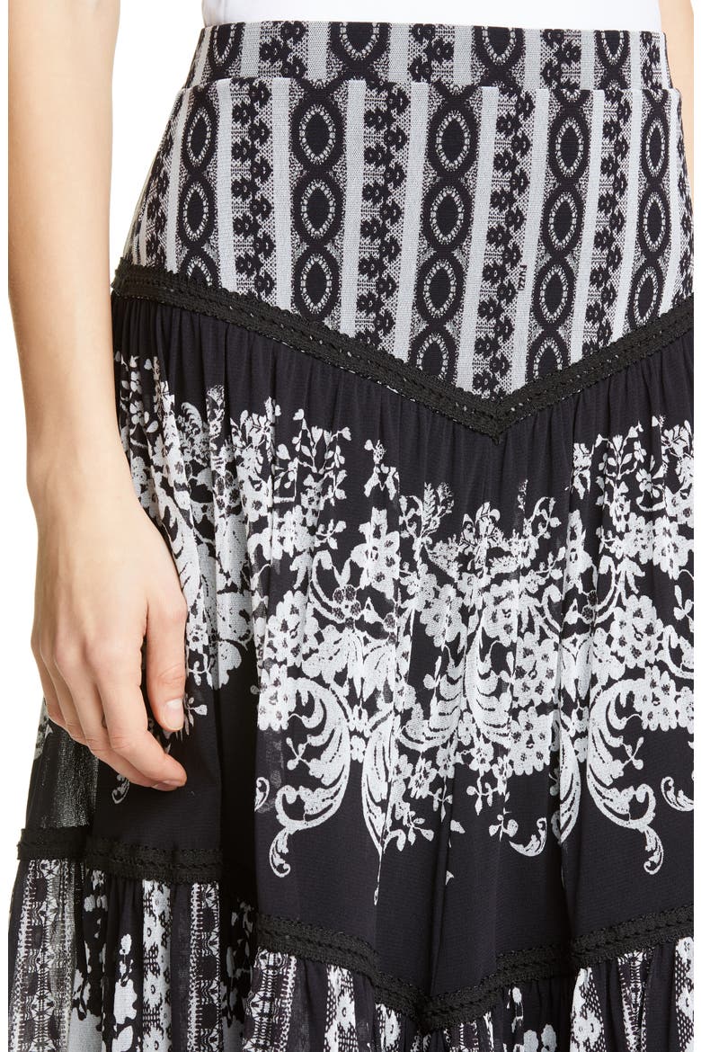 Lace Print Tiered Skirt, Alternate, color, BLACK