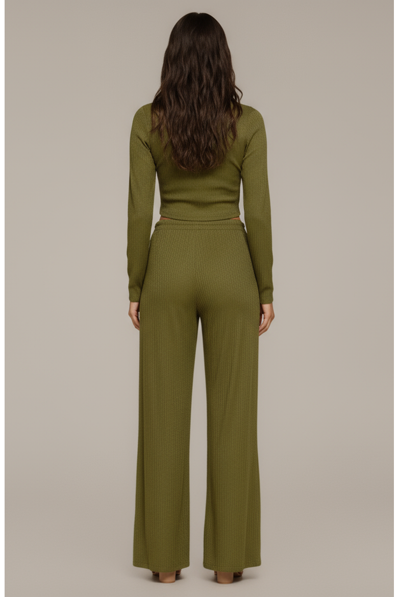 Ribbed Long Sleeve Crop Top and Wide Leg Lounge Pants Set with Drawstring, Alternate, color, Olive Green