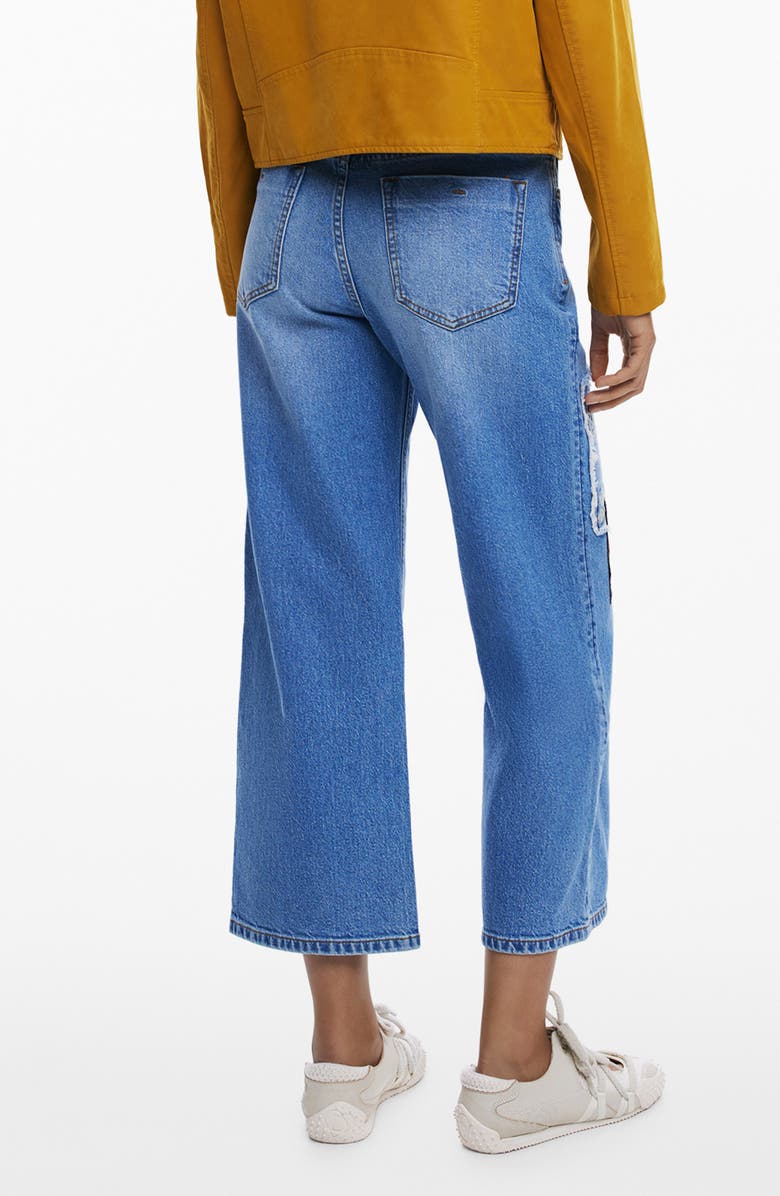 Desigual Patched Mid Rise Crop Wide Leg Jeans, Alternate, color, Medium Blue
