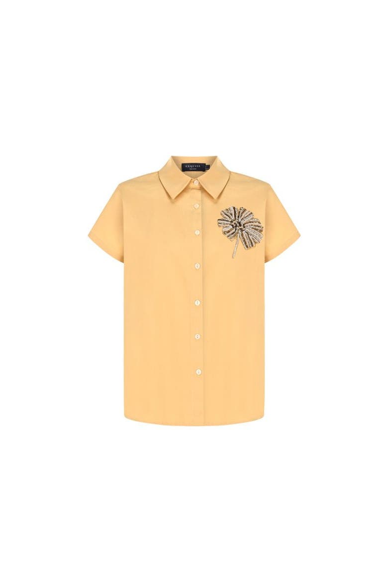 Lennon Stone Embellished Short Sleeve Cotton Shirt, Alternate, color, CAMEL