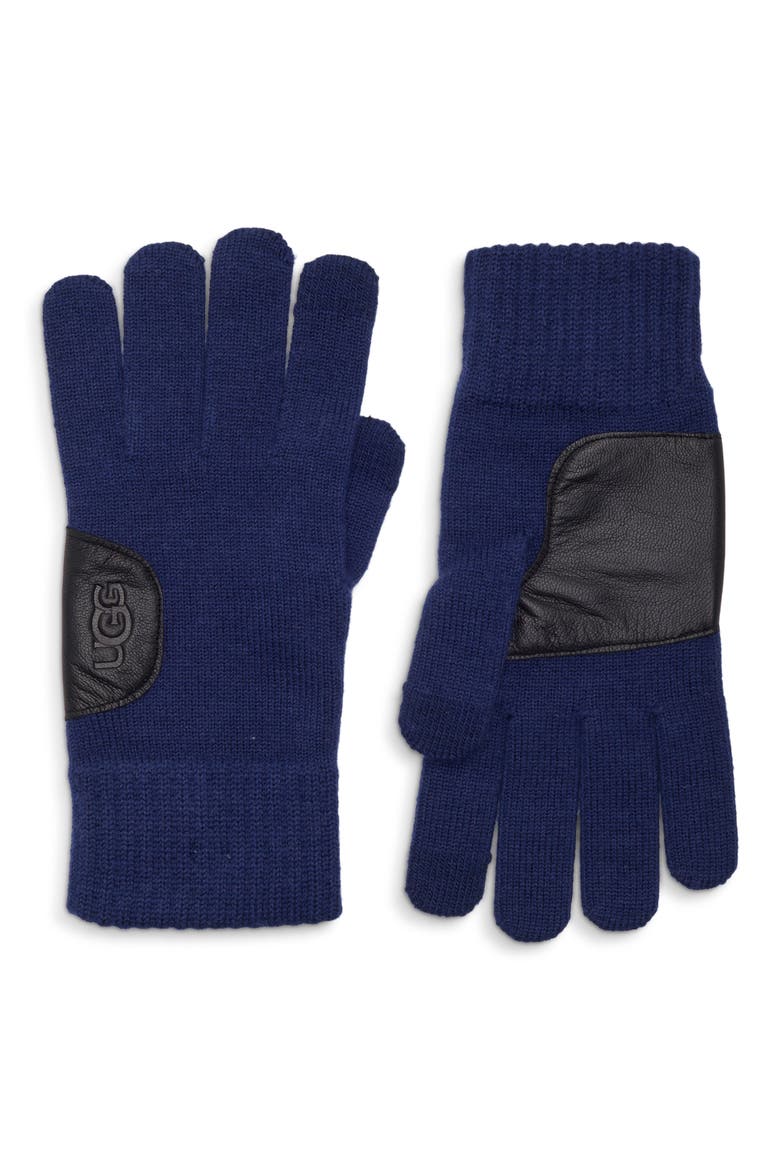 Leather Trim Tech Gloves, Main, color, NAVY