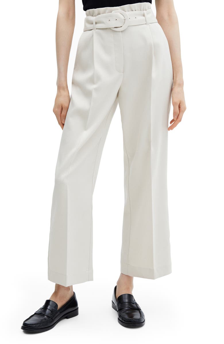MANGO Belted Paperbag Waist Wide Leg Trousers, Main, color, Natural White