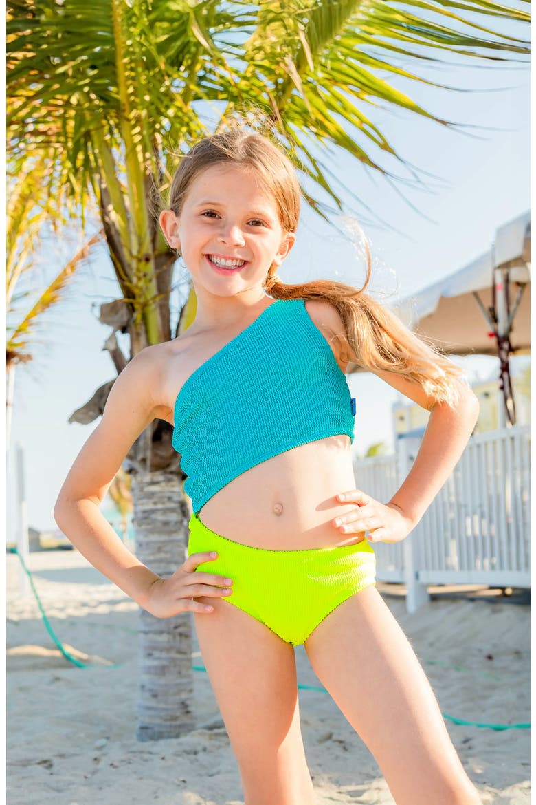 Crinkle Cutout One Piece Swimsuit, Main, color, Neon Turquoise and Citrus Lime