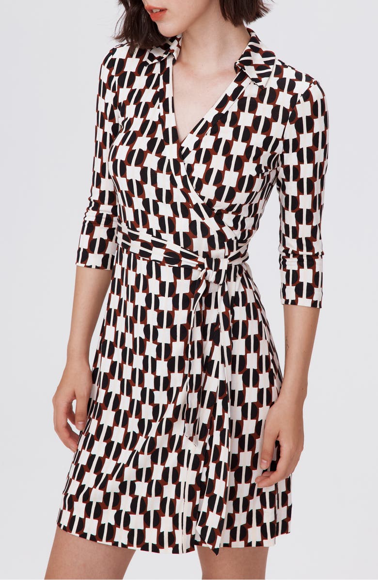 DVF New Jeanne Two Geometric Print Silk Wrap Dress, Alternate, color, Maypole Blk