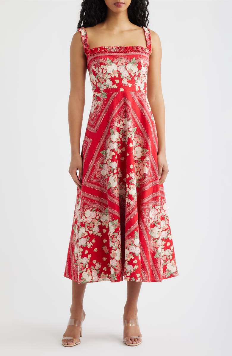 WAYF Arabella Floral Linen Blend Midi Dress, Main, color, Red Scarf