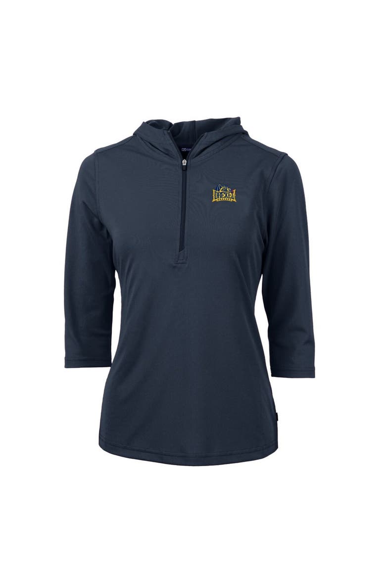 Women's Cutter & Buck Navy Drexel Dragons Virtue Eco Pique Half-Zip 3/4 Sleeve Pullover Hoodie, Main, color, Navy
