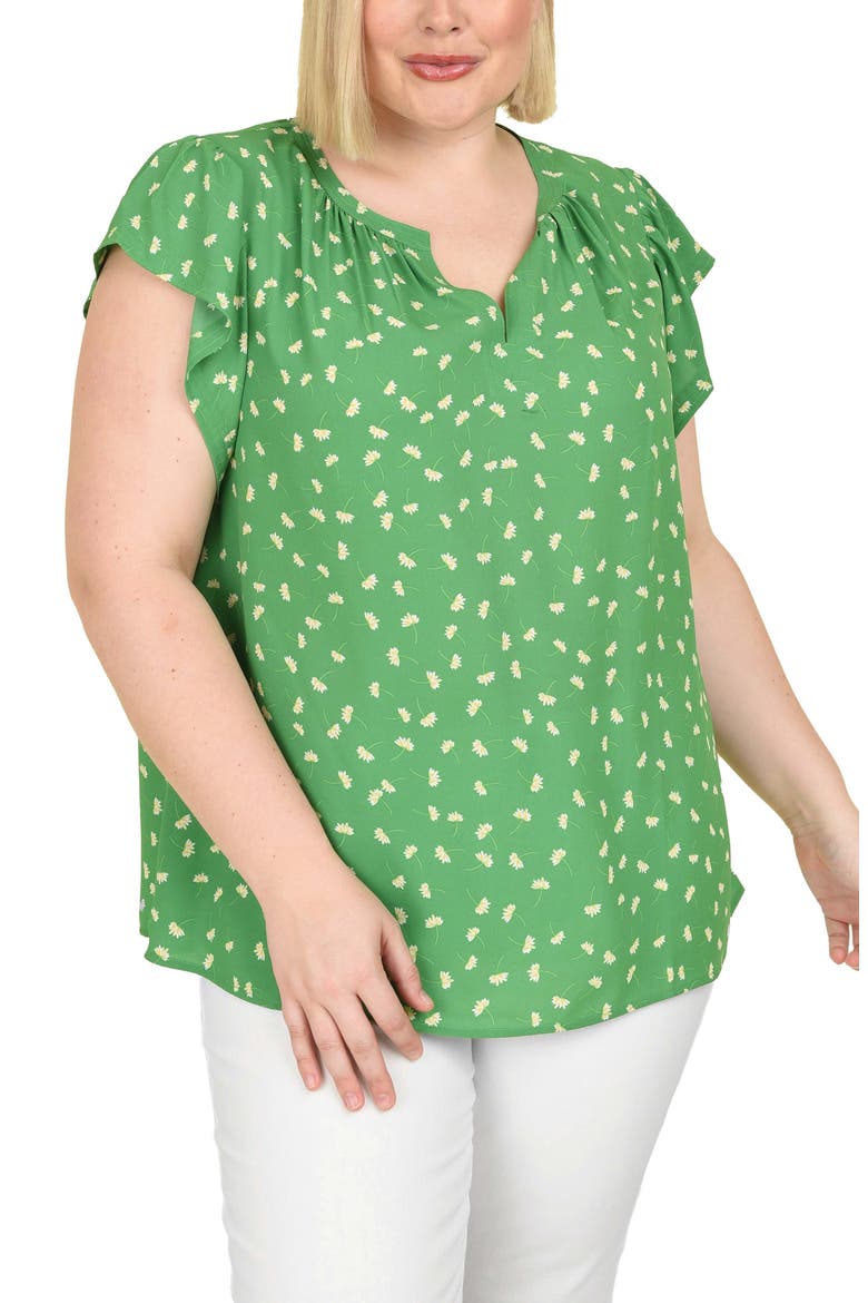 Floral Split Neck Top, Main, color, M049 GREEN