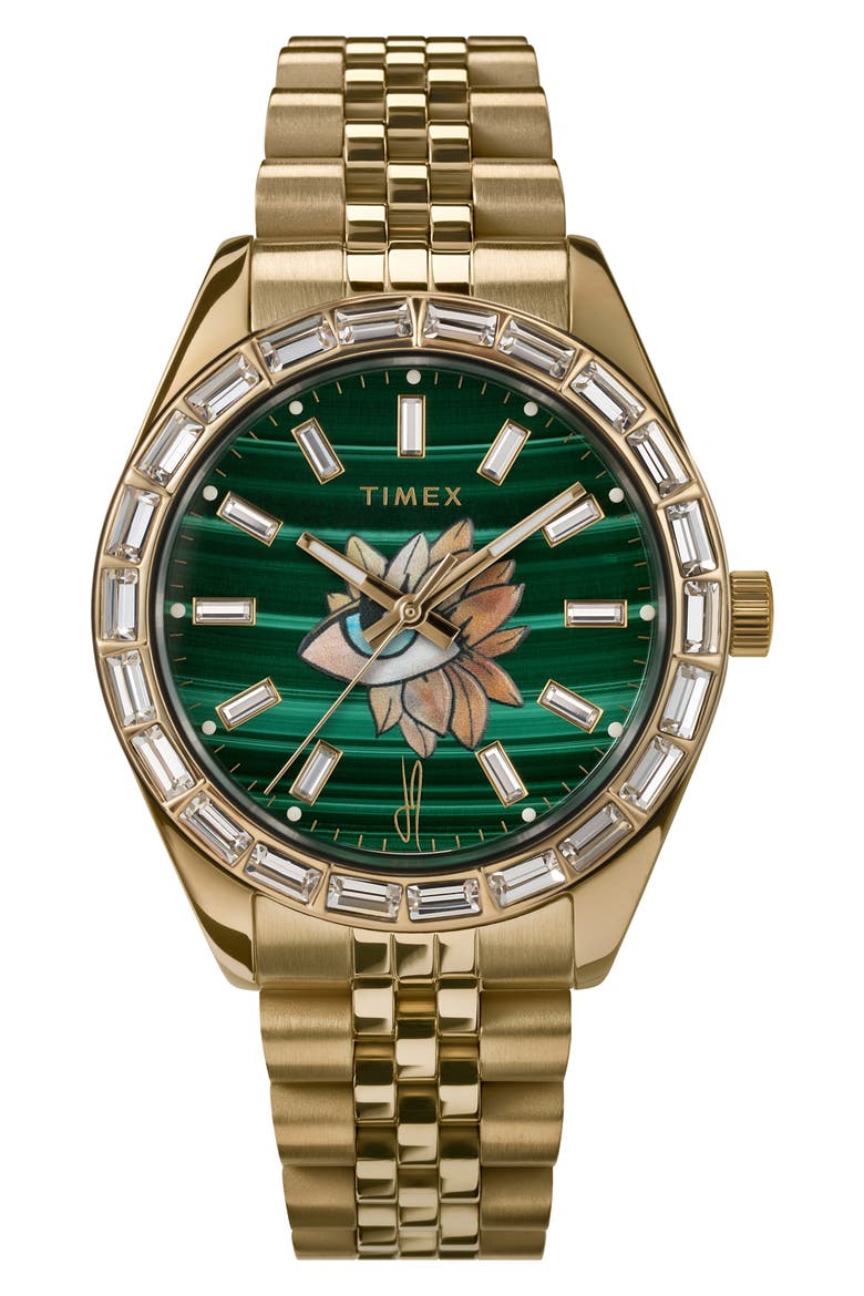 x Jacquie Aiche Legacy Malachite Flower Bracelet Watch, 36mm, Main, color, GOLD/ GREEN