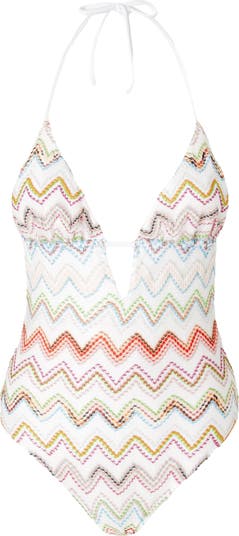 ワンピース MISSONI MULTICOLOR GREEK\" CHEVRON WITH LUREX 14 GG\" Missoni Multicolor Chevron Asymmetric One-Piece Swimsuit