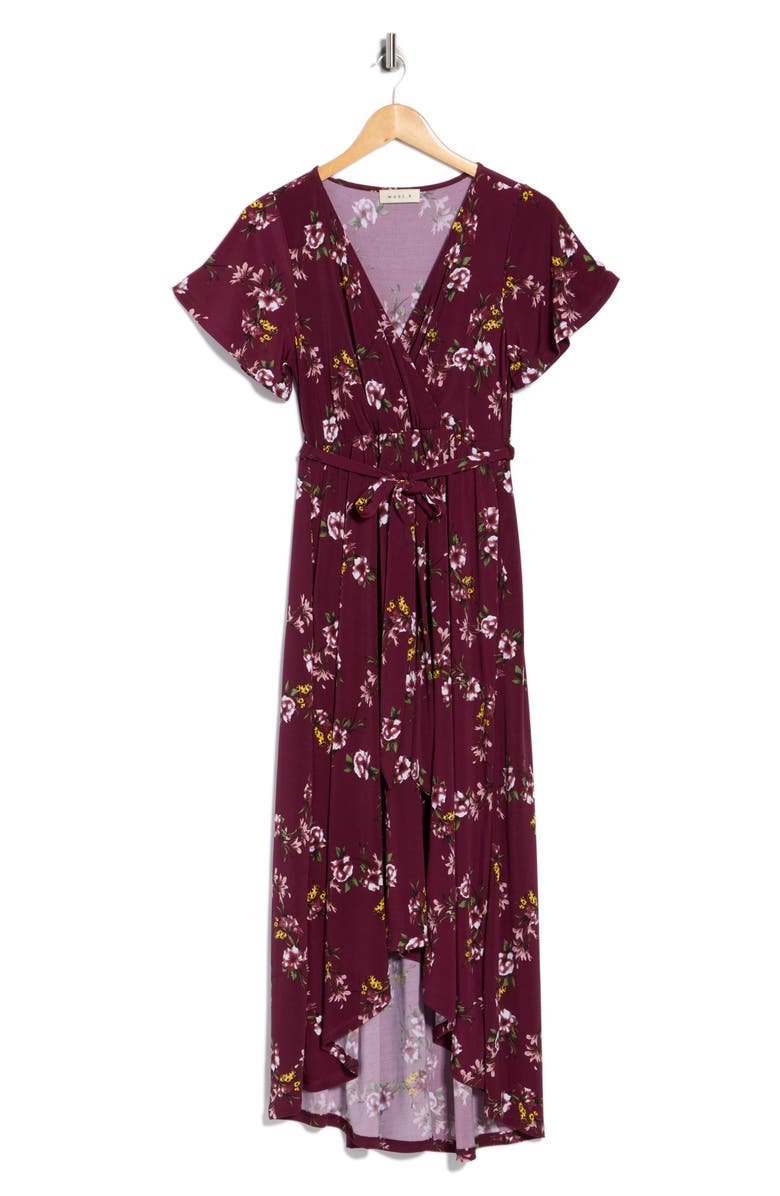 WEST K Flutter Sleeve High-Low Dress, Alternate, color, Wine Floral