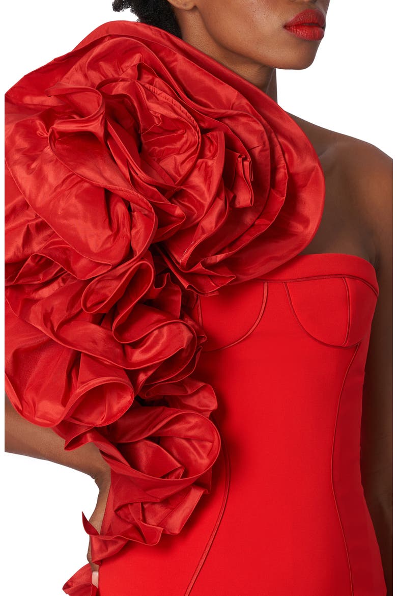 Dramatic Rosette One-Shoulder Crepe Column Gown, Alternate, color, POPPY