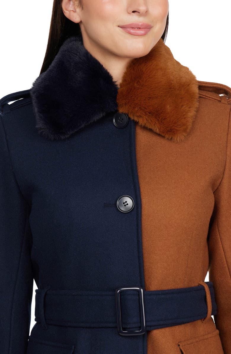 Badgley Mischka Collection Faux Fur Collar Colorblock Coat, Alternate, color,