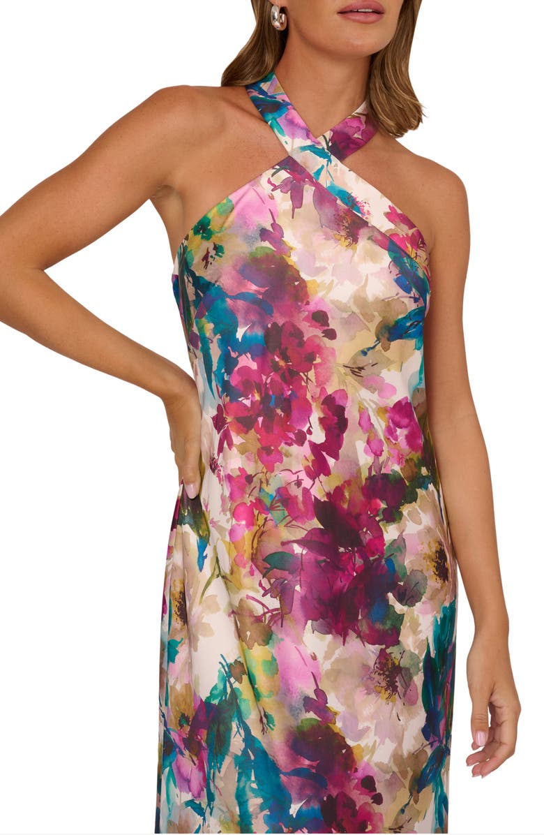 Adrianna Papell Floral Print Sleeveless Satin Gown, Alternate, color, 