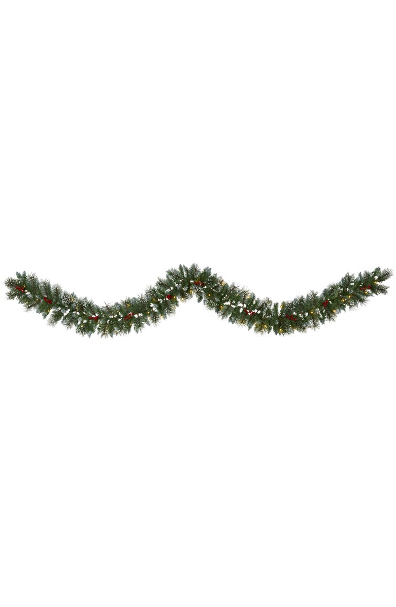 NEARLY NATURAL 9-ft Frosted Swiss Pine Artificial Garland with 50 Clear LED Lights and Berries, Main, color, Green
