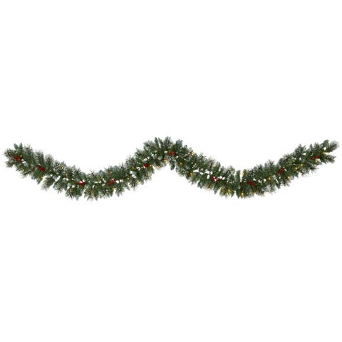 9-ft Frosted Swiss Pine Artificial Garland with 50 Clear LED Lights and Berries