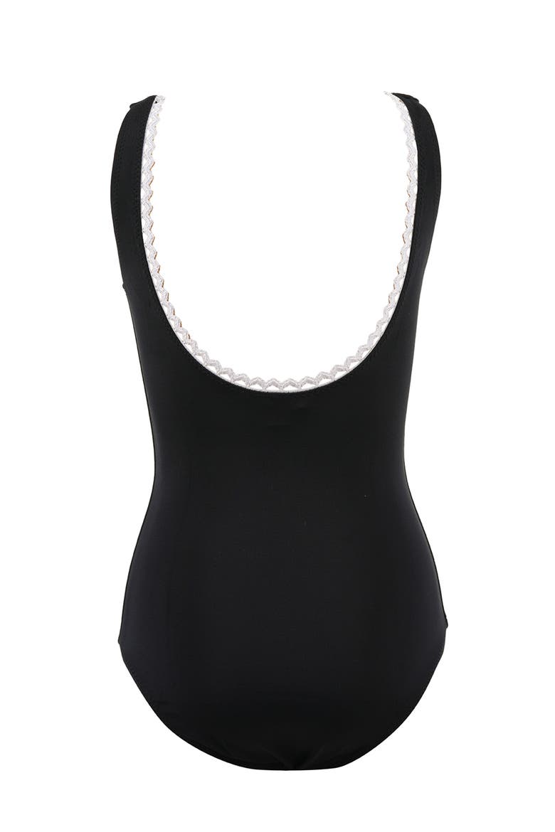 The Timeless Monochrome Lace-Trimmed and Center Bow One-Piece Swimsuit, Alternate, color, Black