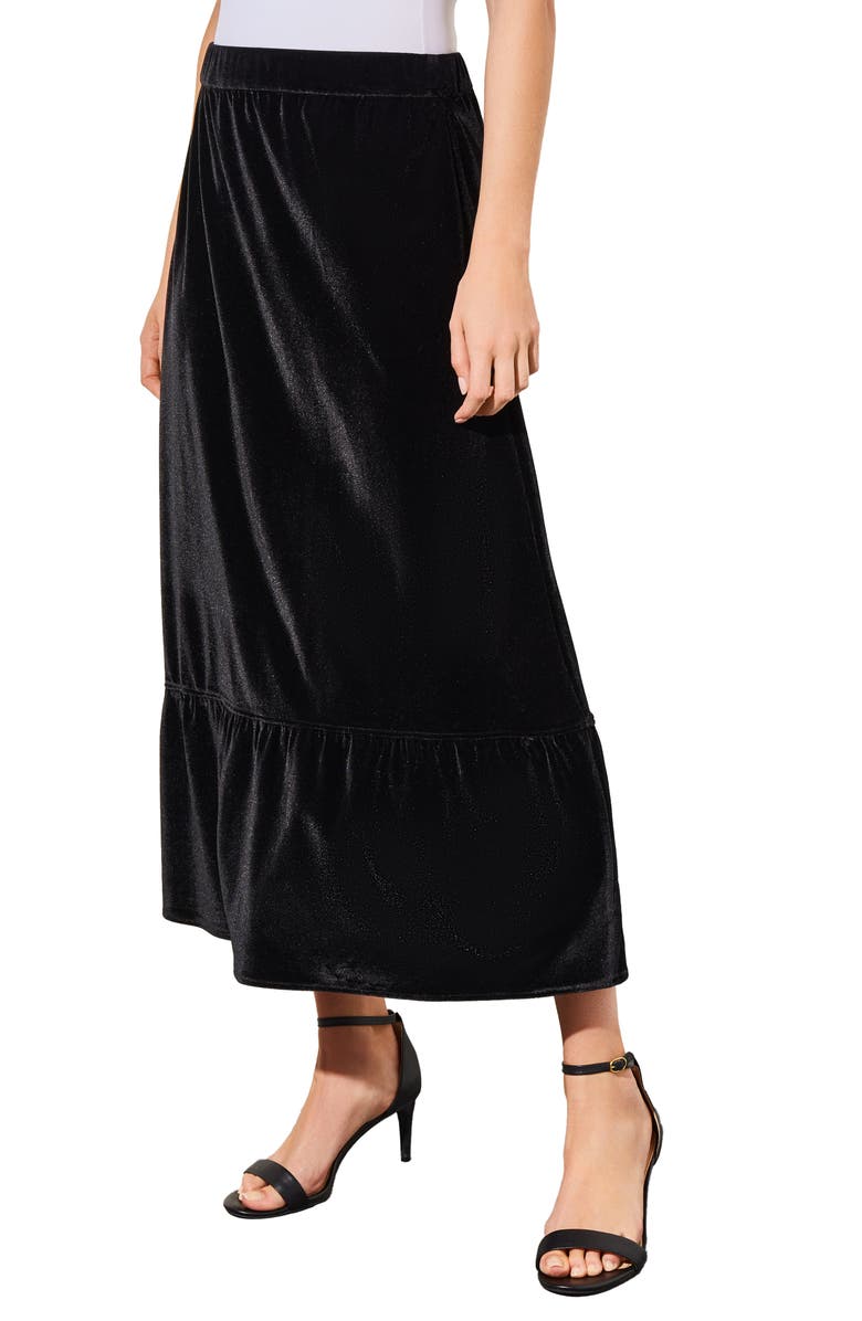 Ming Wang Flounce Velvet Midi Skirt, Alternate, color, Black