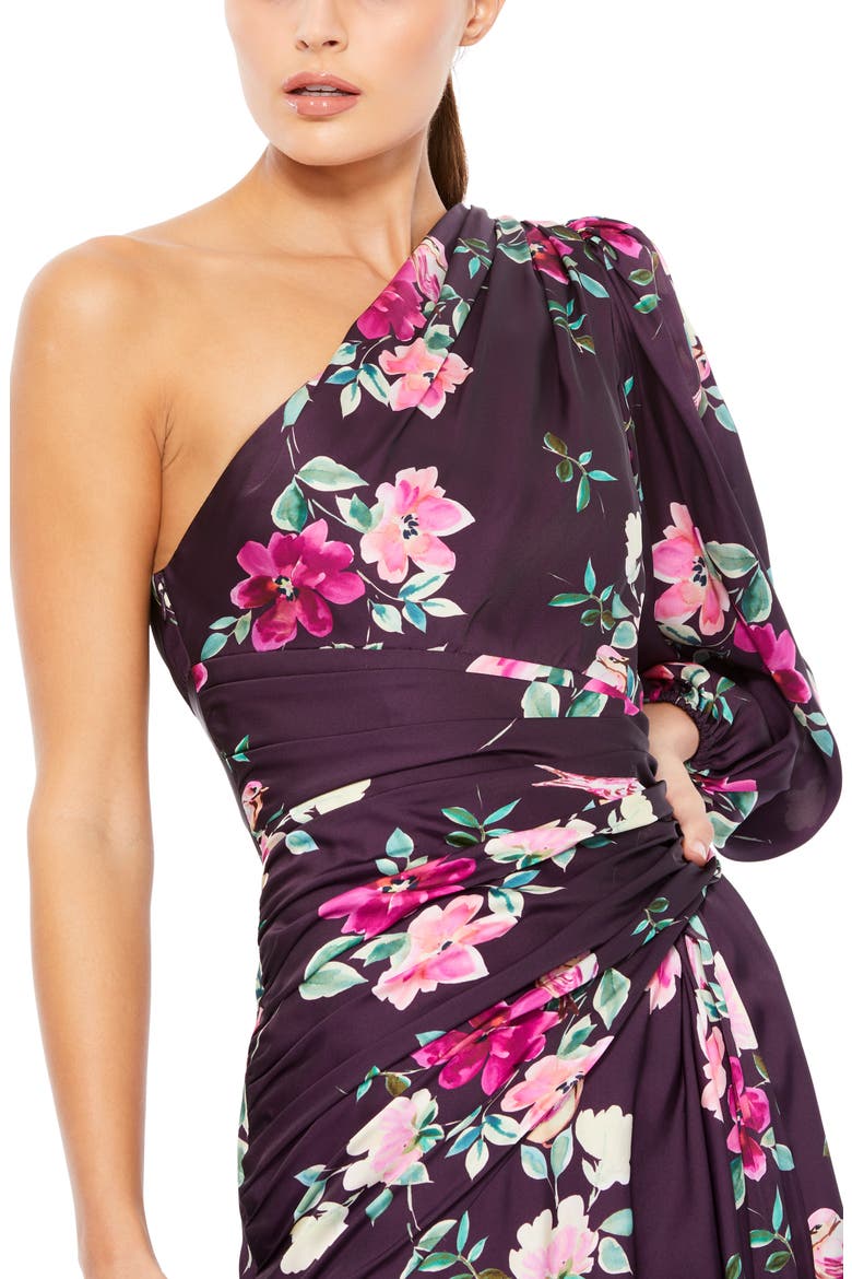 Floral One-Sleeve Charmeuse Gown with Slit, Alternate, color, PLUM FLORAL