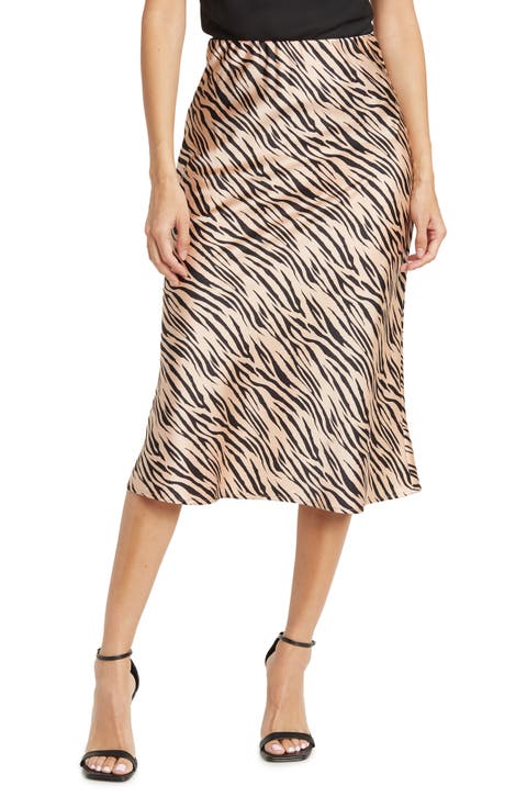 Satin Zebra Print Midi Skirt