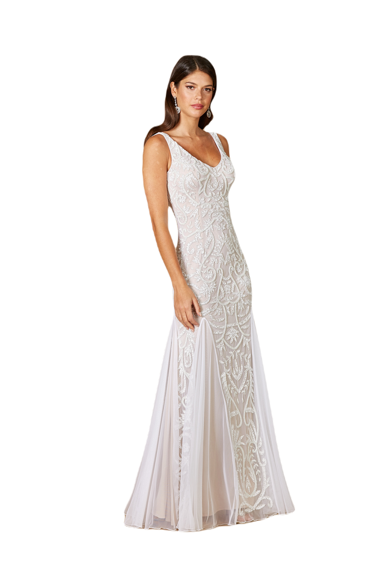 Greta Beaded V-Neck Tulle Wedding Dress with Contrast Lining, Main, color, NudeIvory