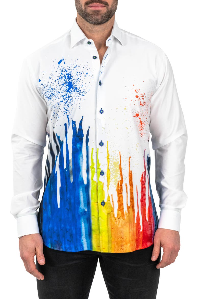 Fibonacci Dripped White Contemporary Fit Button-Up Shirt, Main, color, WHITE