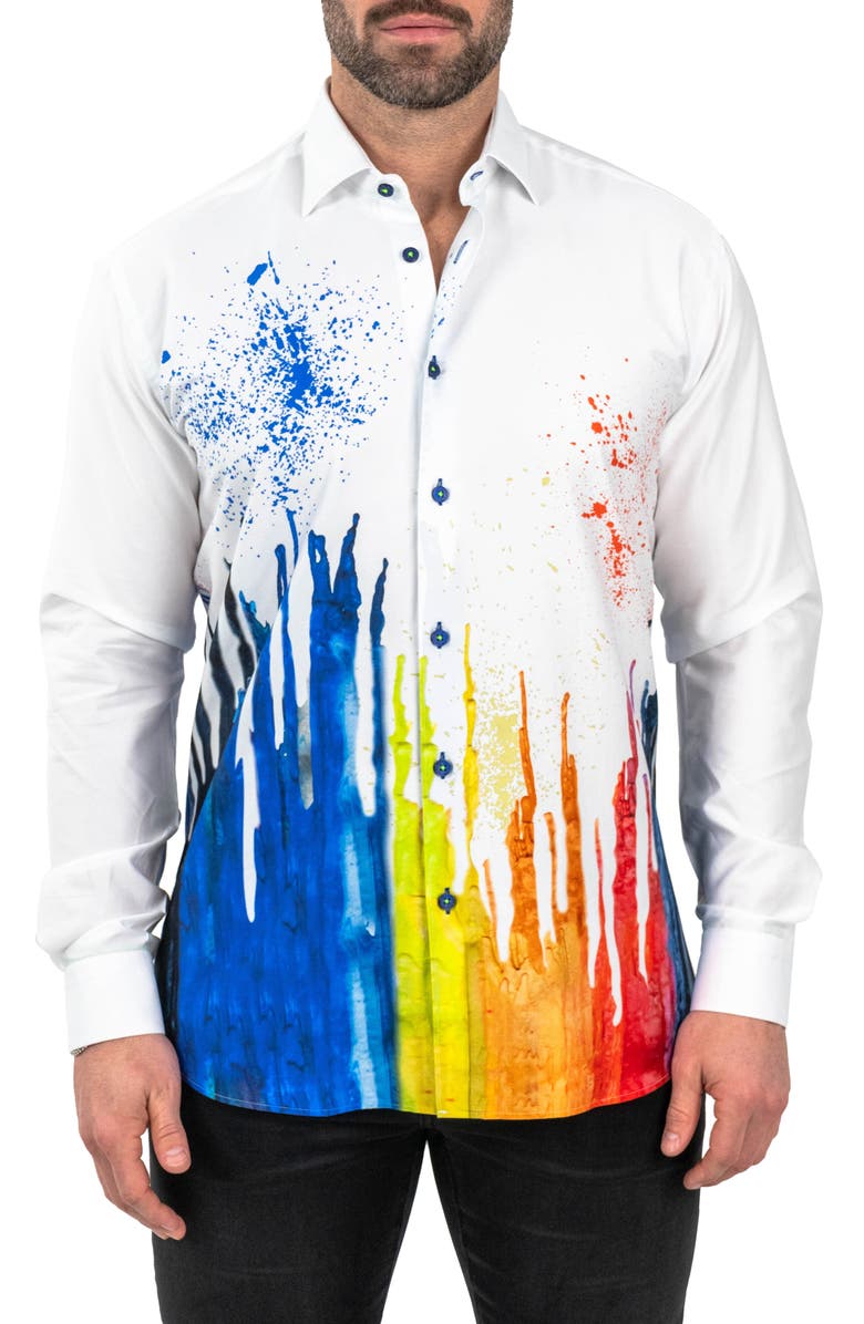 Maceoo Fibonacci Dripped White Contemporary Fit Button-Up Shirt, Main, color, White
