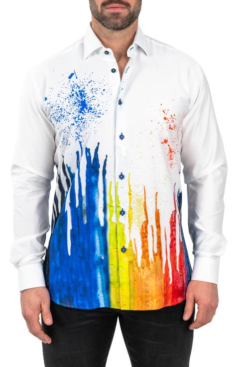Fibonacci Dripped White Contemporary Fit Button-Up Shirt