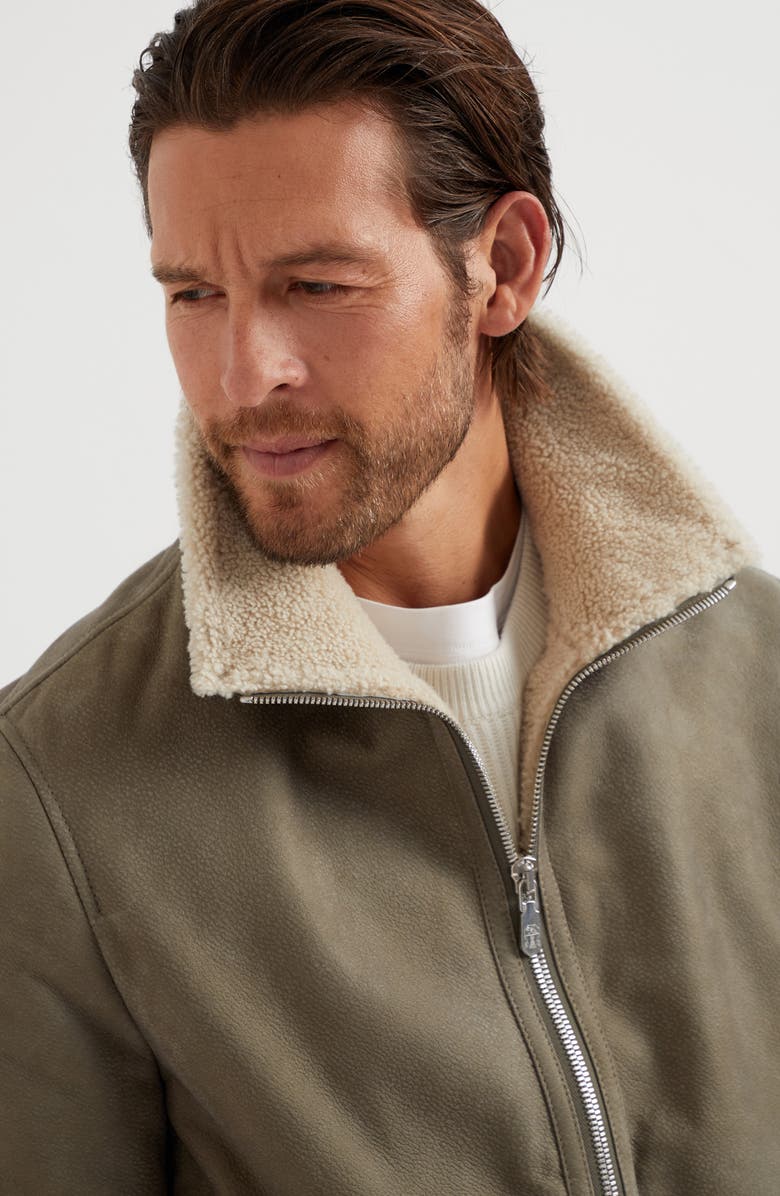 Brunello Cucinelli Nubuck shearling bomber jacket, Alternate, color, 