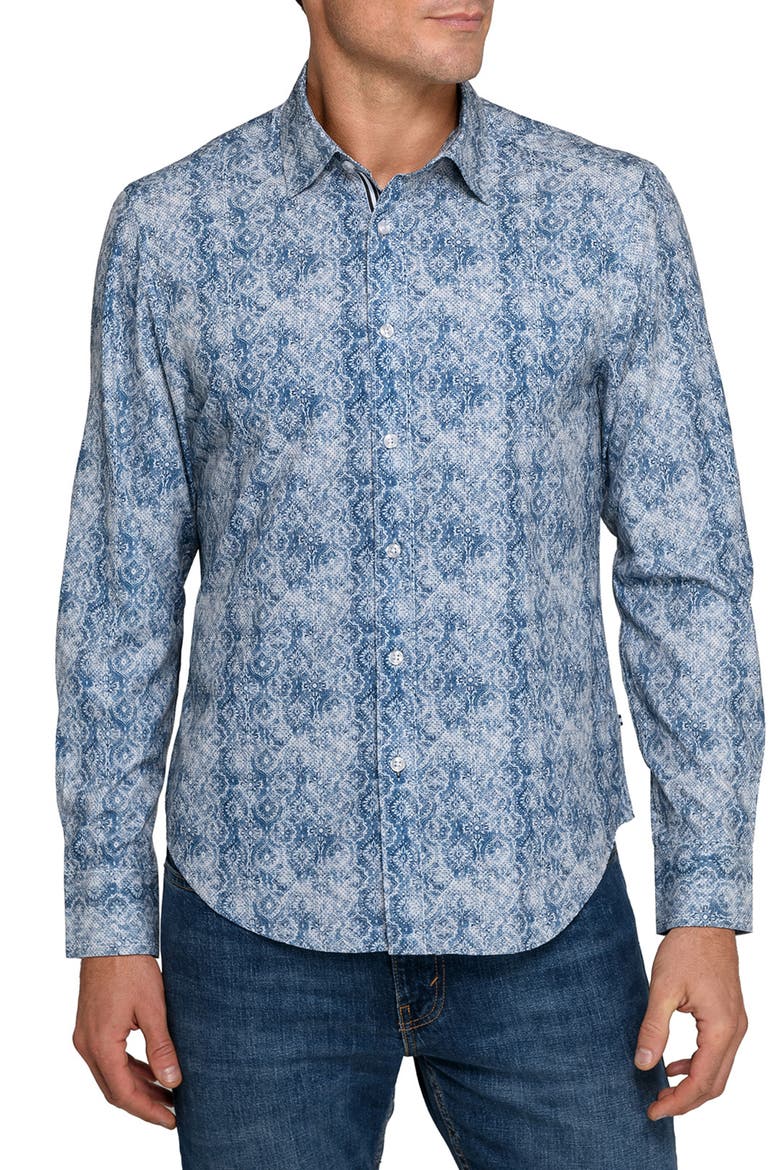Persian Print Woven Long Sleeve Basic, Main, color, TAN/BLUE
