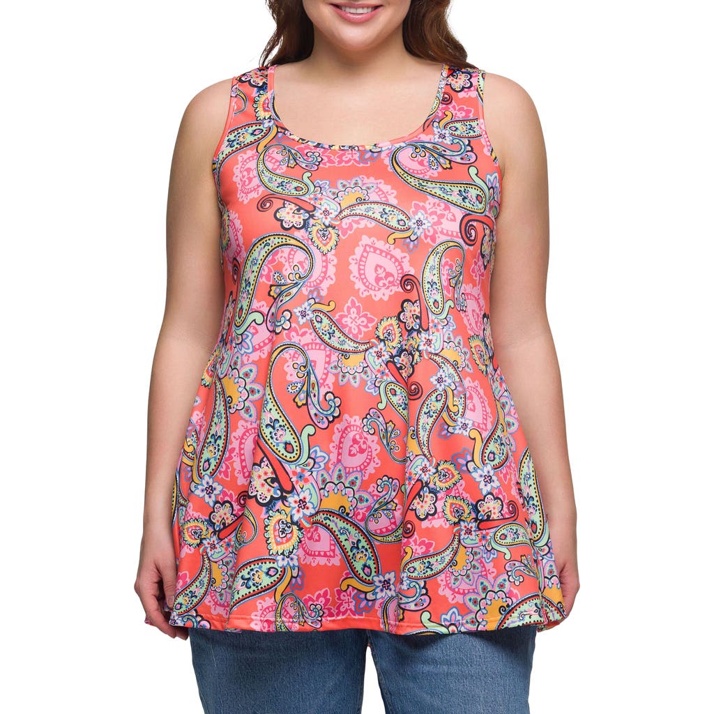 24seven Comfort Apparel Plus Size Casual Print Scoop Neck Tank Top In Coral Multi