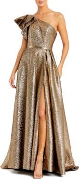 Mac Duggal One Shoulder Bow Detail Metallic Ballgown